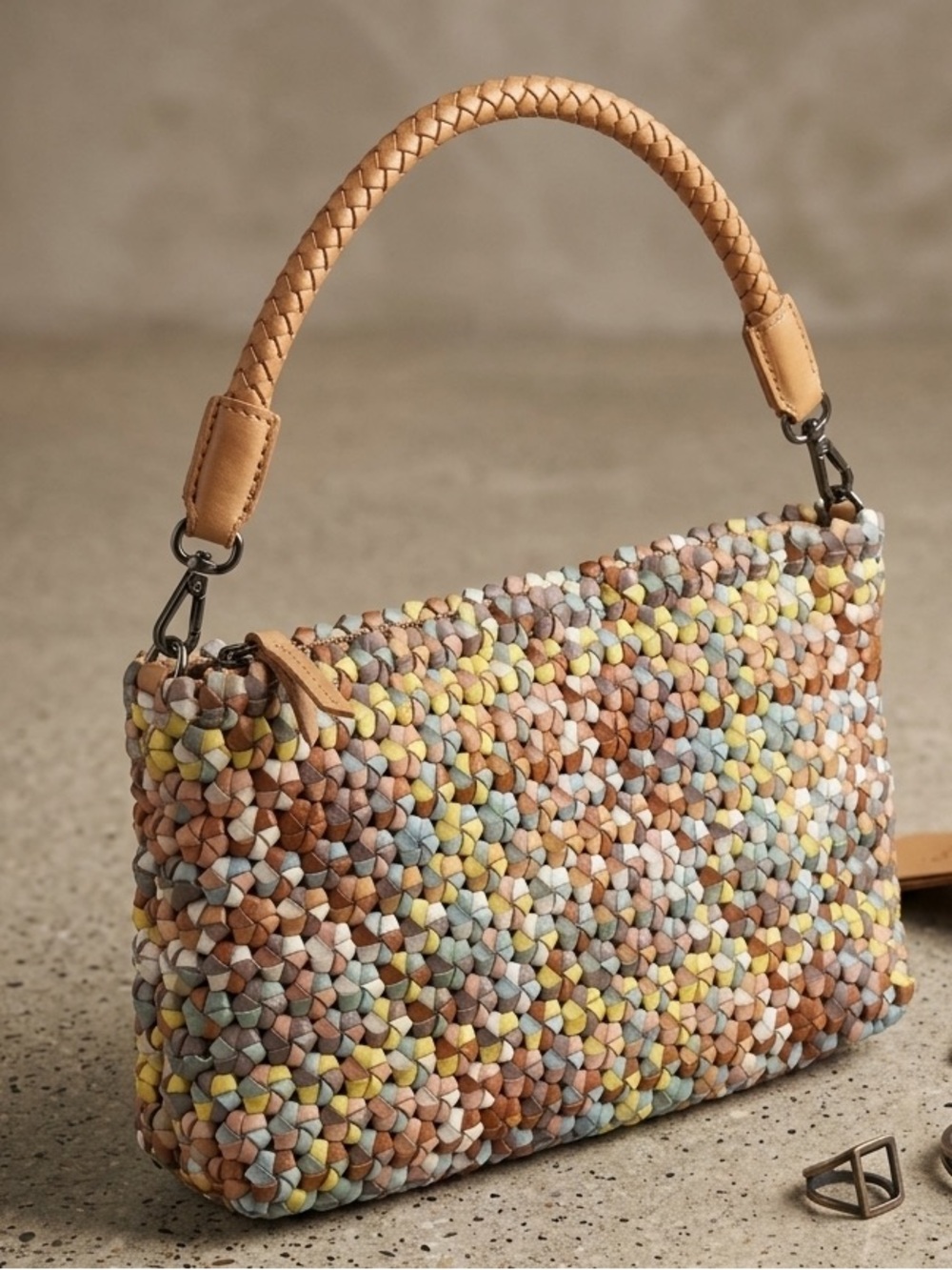 Leather Woven Bead Handbag in Multicolor with Tan Handle Bohemian Shoulder Bag